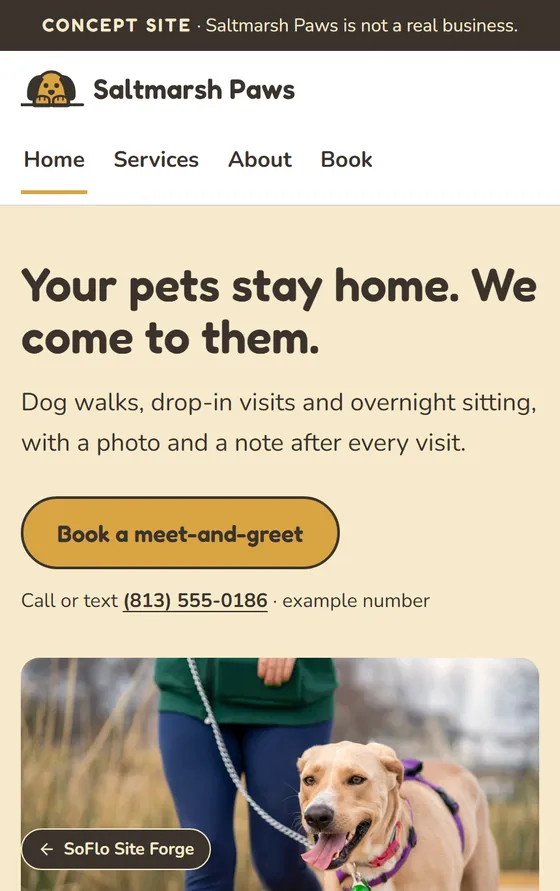 Saltmarsh Paws concept site on a phone: a pet sitting home page headed Your pets stay home. We come to them., with a Book a meet-and-greet button.