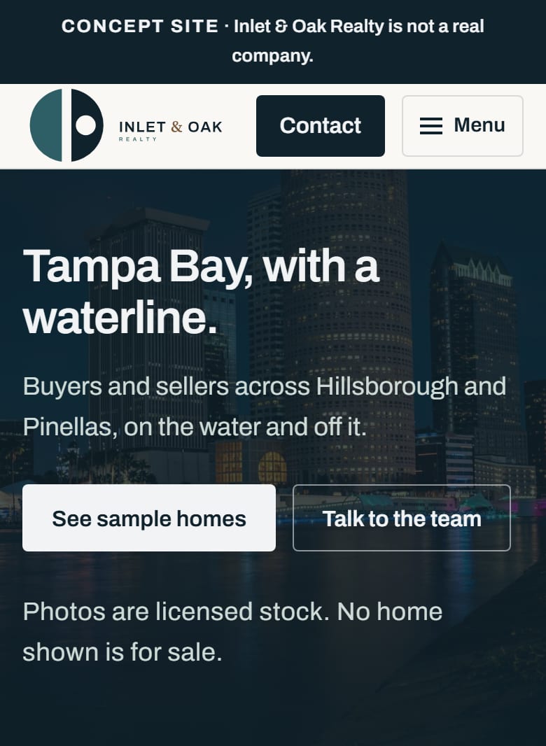 The Inlet & Oak Realty home page on a phone: the headline "Tampa Bay, with a waterline," two buttons, and a coastal photo.
