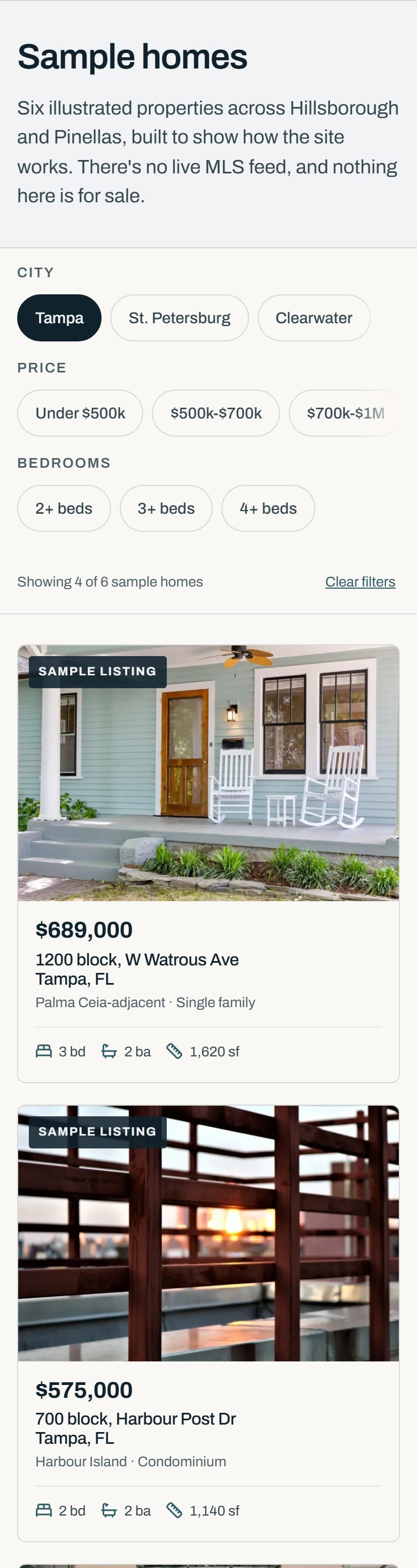 The Sample homes page with the filter bar, a count of how many of the six sample homes are showing, and the first cards labeled as sample listings.