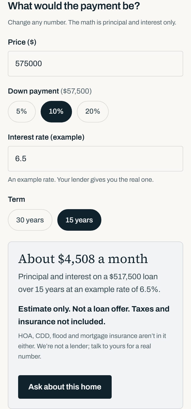 The same estimate set to 10% down and a 15 year term, with the monthly figure changed to $4,508 and the line showing a $517,500 loan.