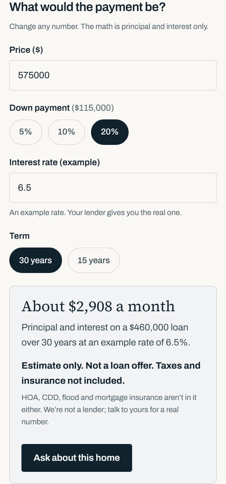 The payment estimate on the Harbour Island condo listing in its opening state: the price, 20% down with its dollar amount, a 30 year term, an example rate, and the monthly figure with its one line of working.