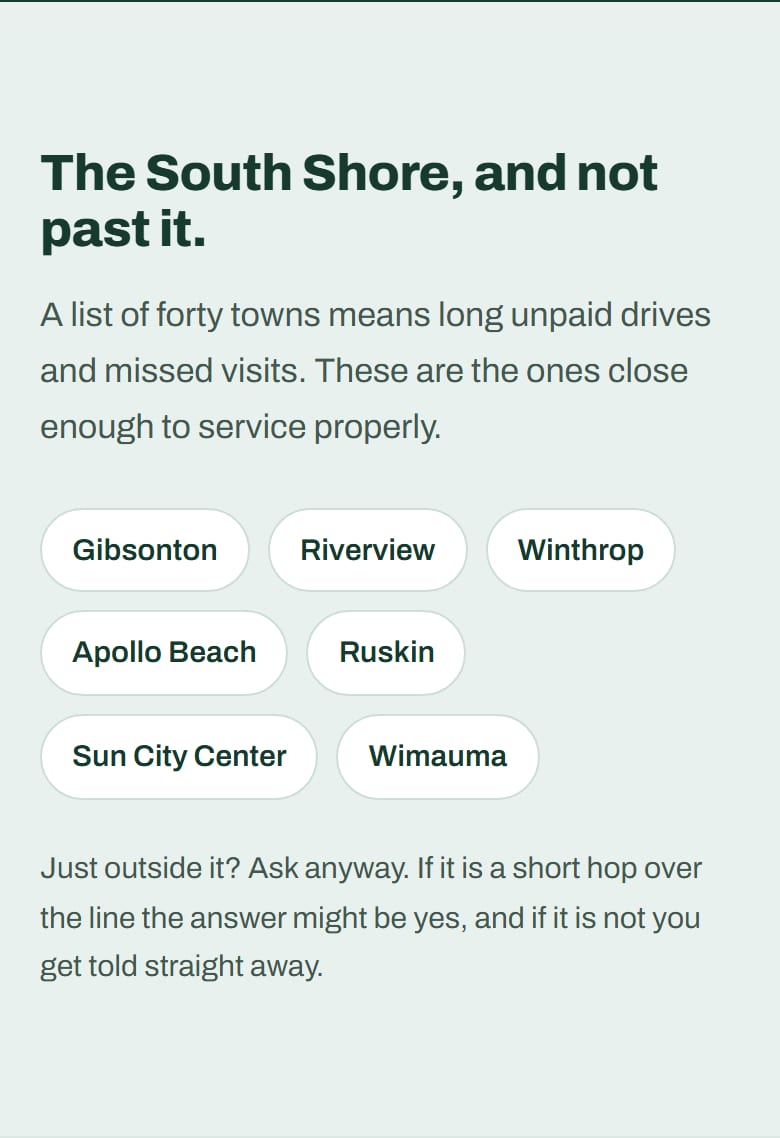 The service area section on the home page, listing seven South Shore towns under a headline about staying on the South Shore.