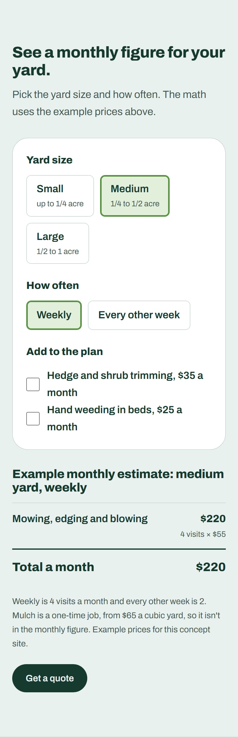 The lawn estimate in its opening state, medium yard and weekly selected, with the monthly total and the line showing four visits at the per-visit price.
