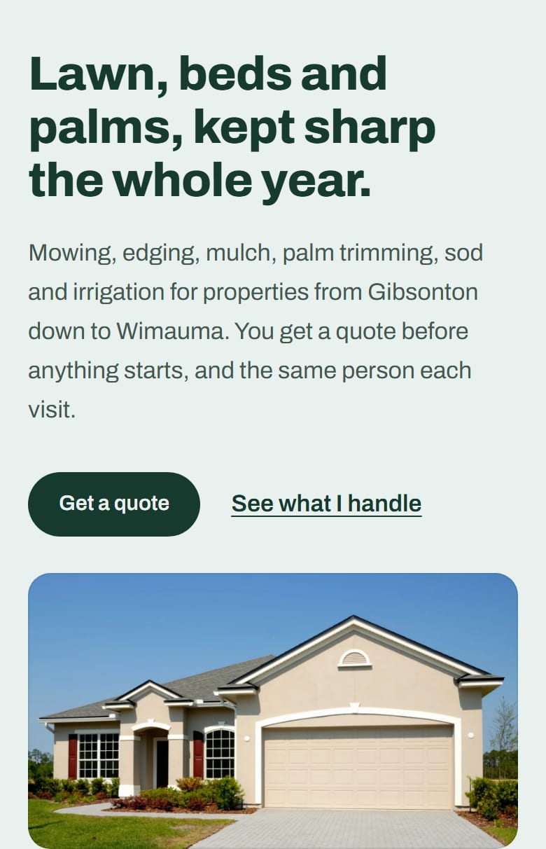 The Mangrove Bay Outdoors home page on a phone: the headline about lawn, beds and palms, two buttons, and a photo of a single-story stucco house with a clipped lawn.