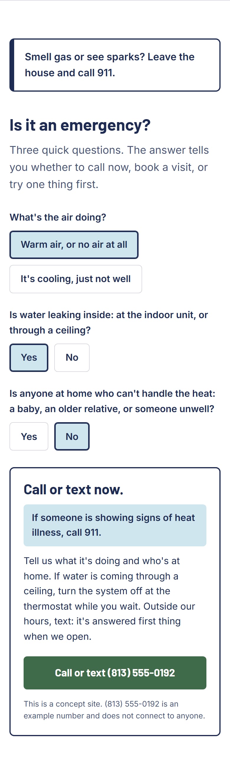 The emergency check after three answers, telling the visitor to call or text now