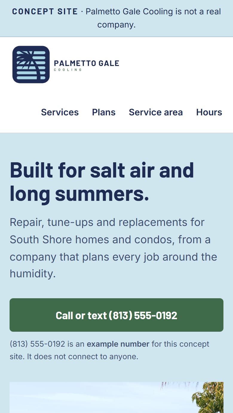 Palmetto Gale Cooling homepage on a phone, with the green Call or text button under the headline Built for salt air and long summers