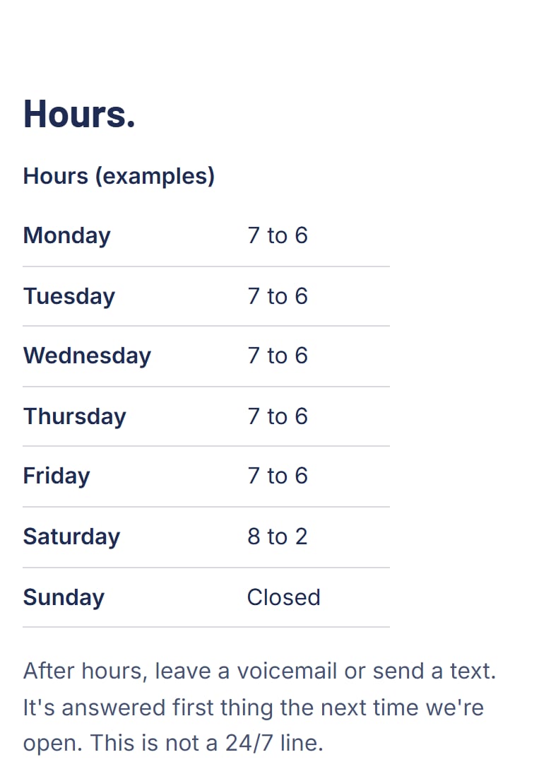 Opening hours with Sunday closed and a note that after-hours texts are answered when the office opens