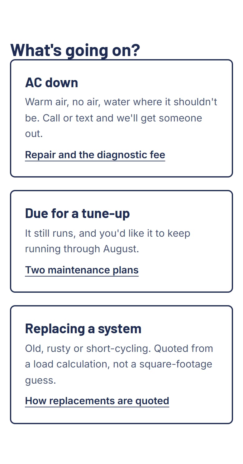 Three cards reading AC down, Due for a tune-up and Replacing a system