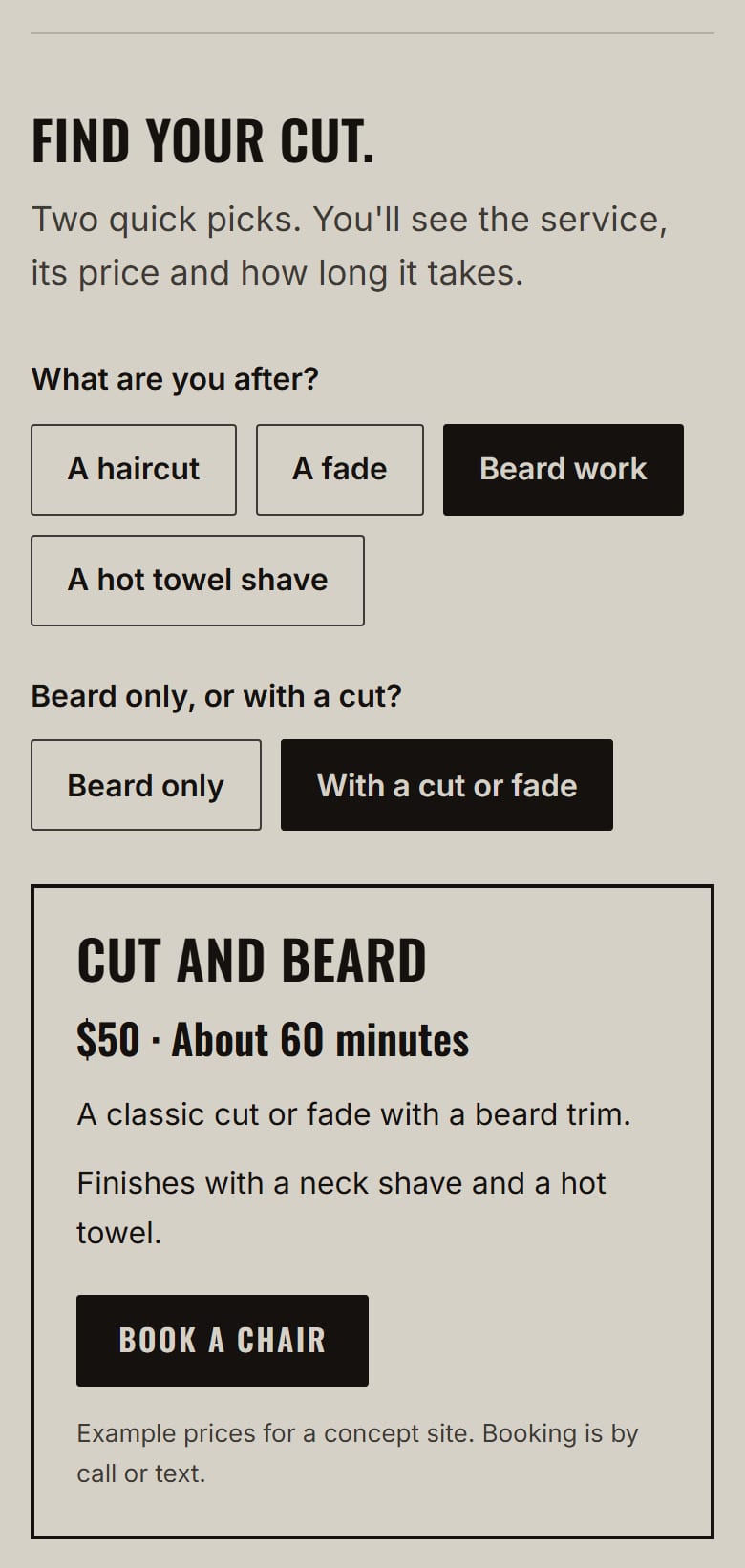 Find your cut with beard work and the with-a-cut option picked, showing the Cut and beard service, $50, about 60 minutes.