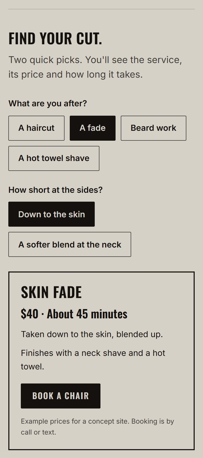Find your cut with a fade and the skin option picked, showing the Skin fade service with its price, time and description.