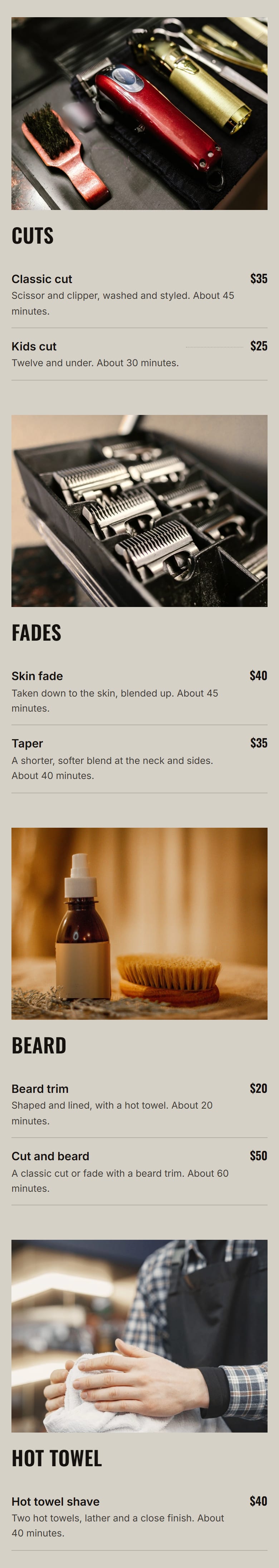 The menu page: seven services in four groups, each with its price and its time.