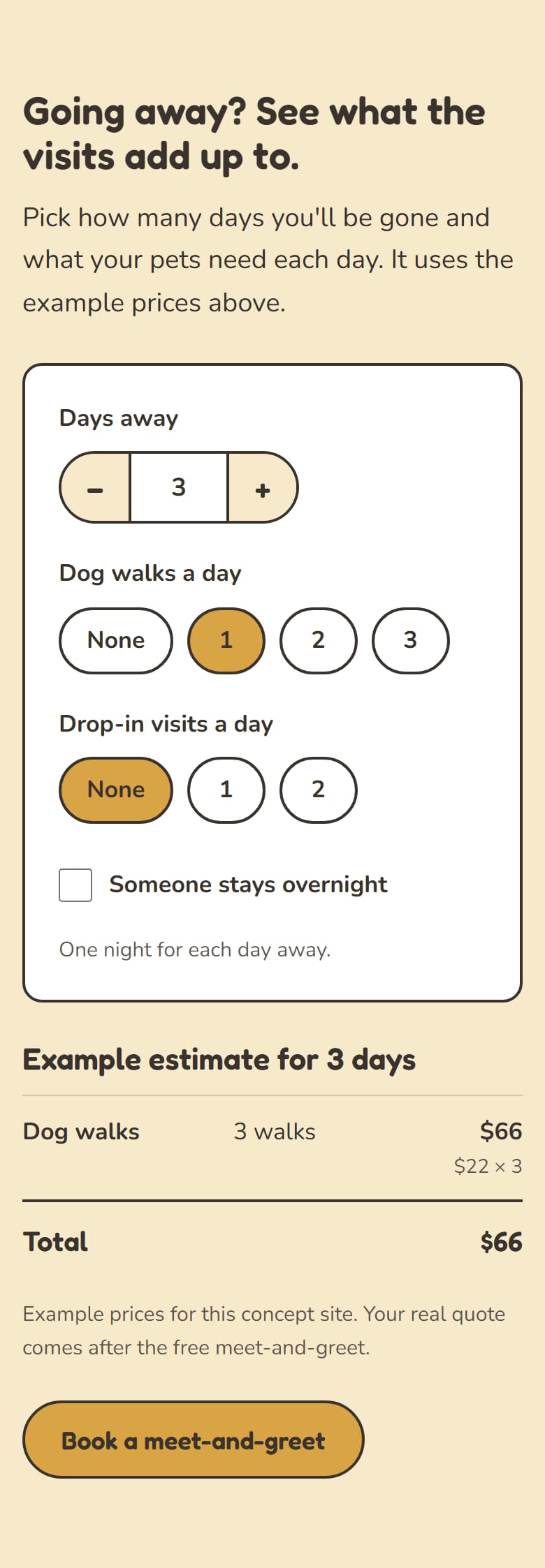 The visit planner in its opening state on the Services page: 3 days away, one dog walk a day, and a table showing 3 walks at $22 and a total of $66.