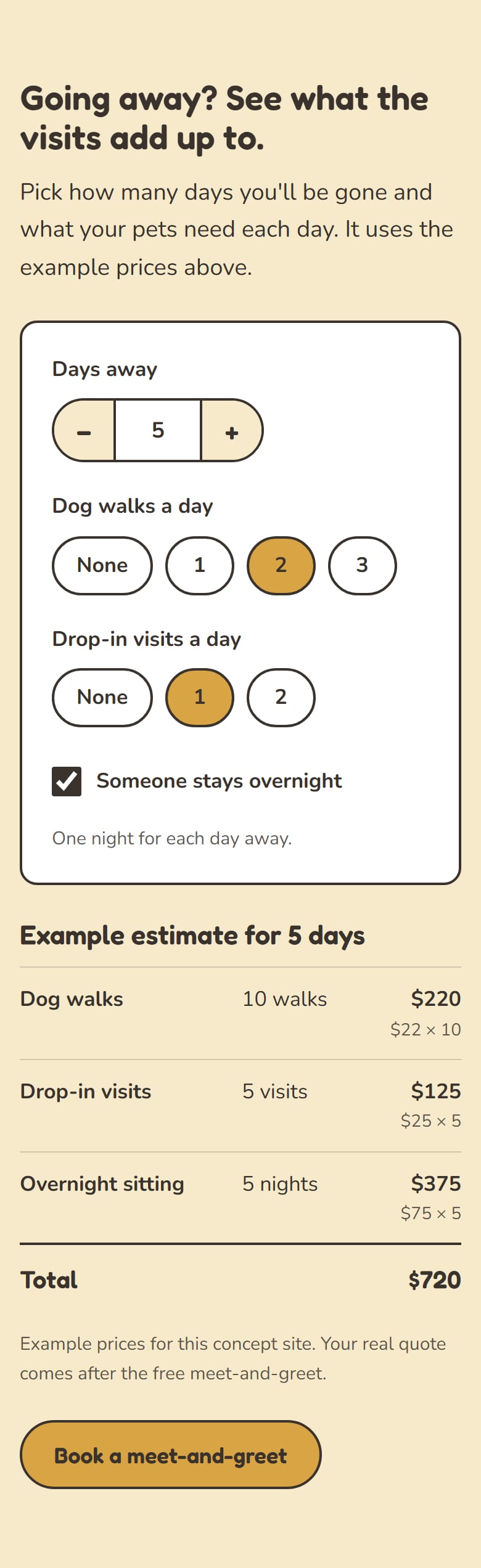 The visit planner set to 5 days with 2 walks a day, 1 drop-in a day and overnight sitting, with three table lines and a total of $720.