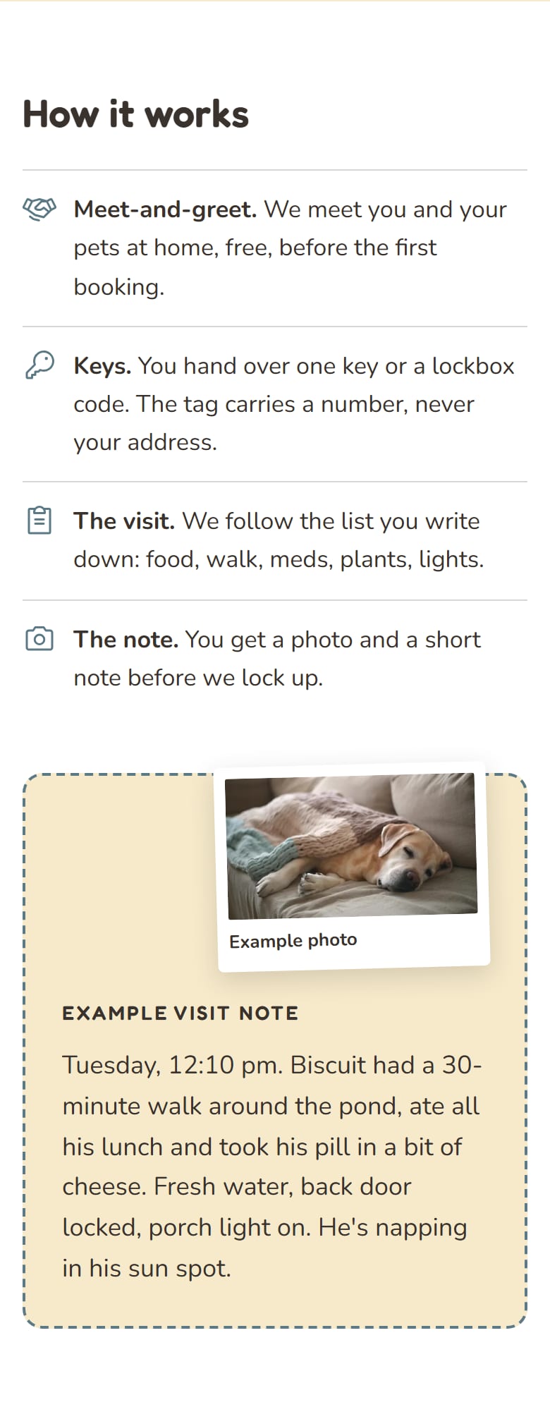 The example visit note on the home page, labeled as an example, next to the four-step outline of how a booking works.