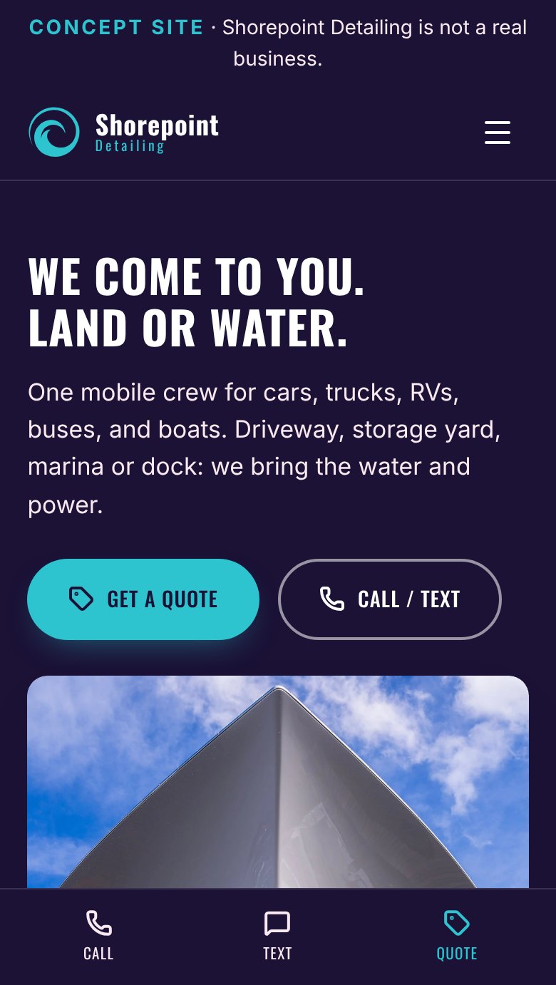 Shorepoint Detailing homepage on a phone reading We come to you, land or water