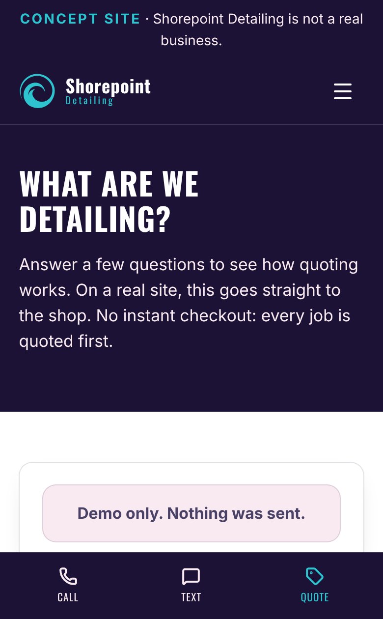 Shorepoint quote page on a phone after sending, with the note Demo only. Nothing was sent.
