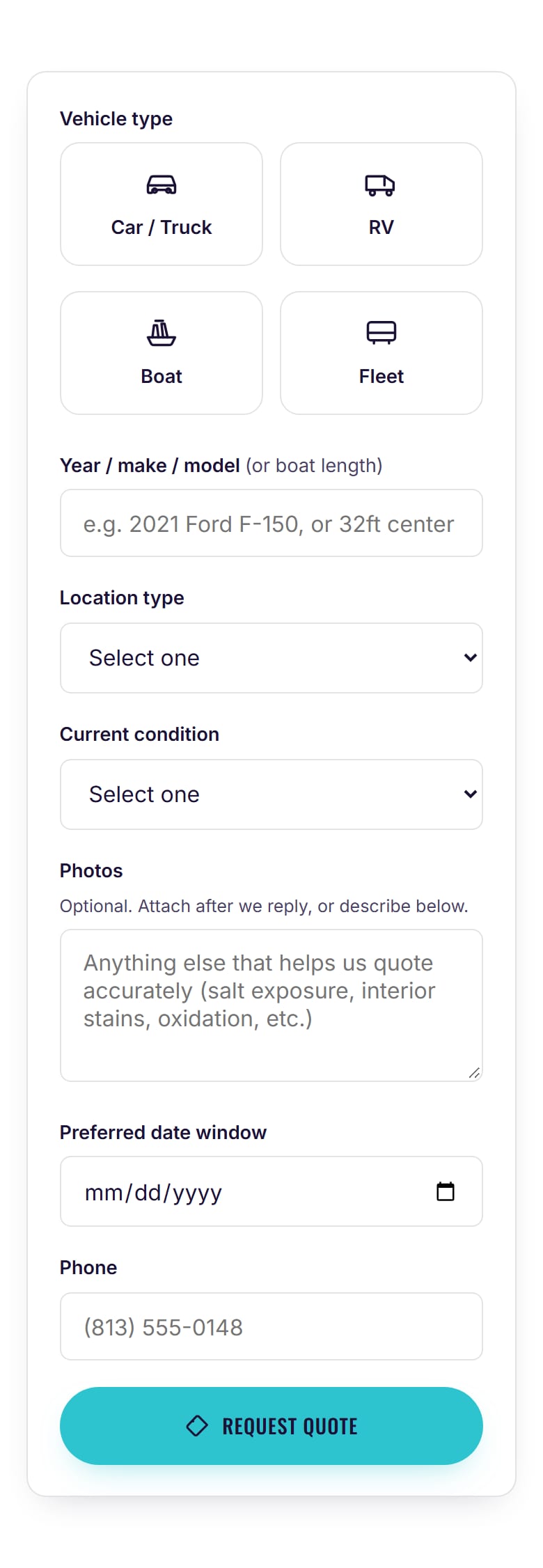 Quote form asking for vehicle type, location type and current condition