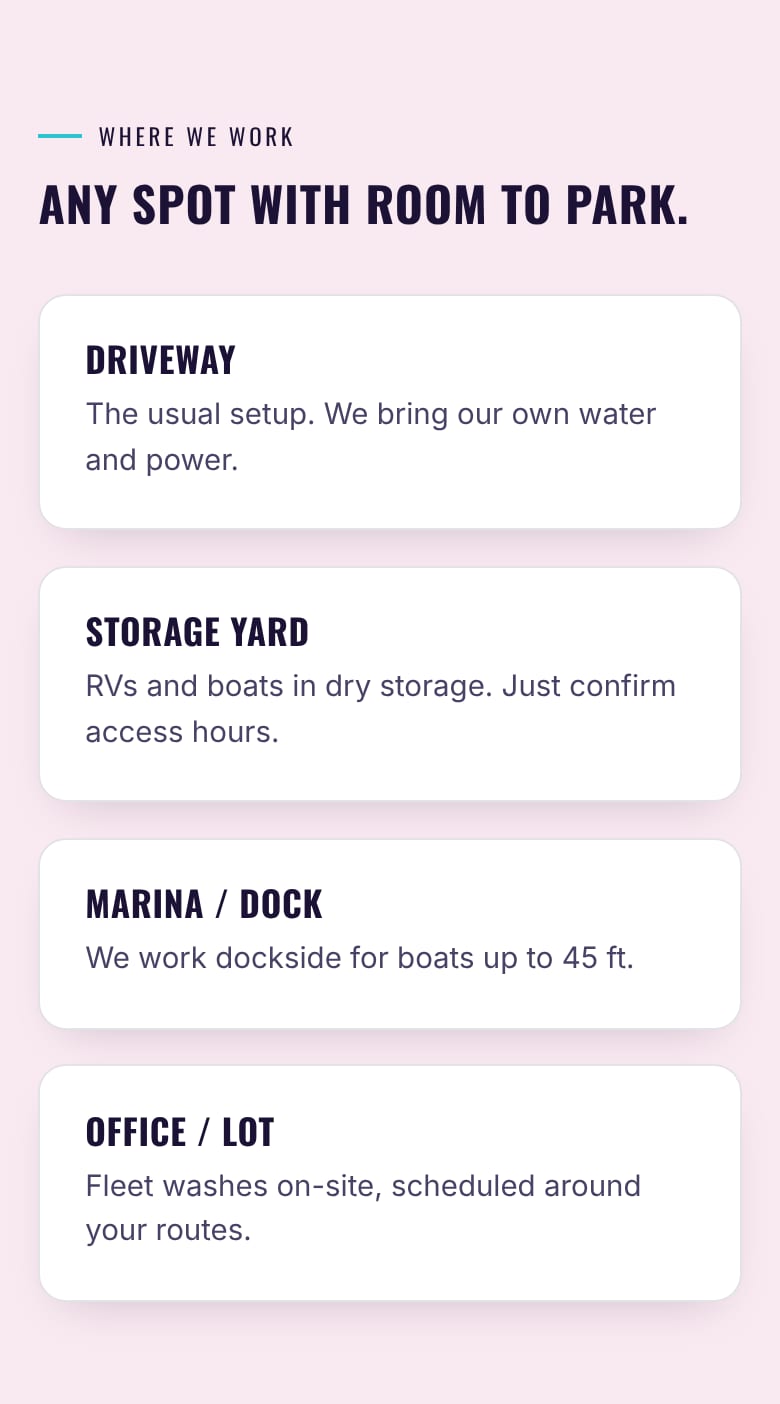 Service area section listing driveway, storage yard, marina and office locations