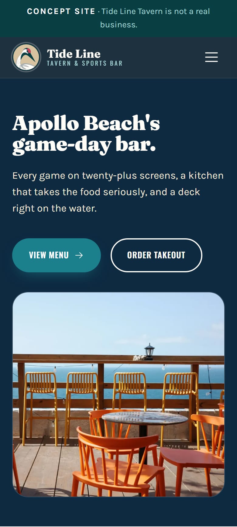 The Tide Line Tavern home page on a phone: the headline about Apollo Beach's game-day bar, two buttons, and the tavern's name and tagline at the top.