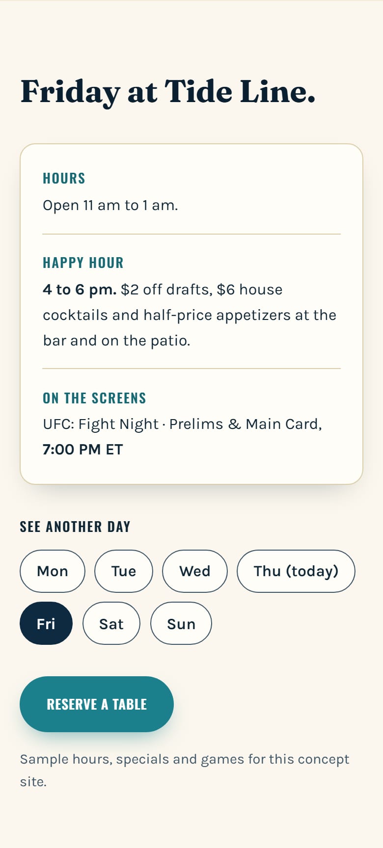 The same band set to Friday, showing hours to 1 am, the happy hour and a UFC fight night at 7:00 PM ET.