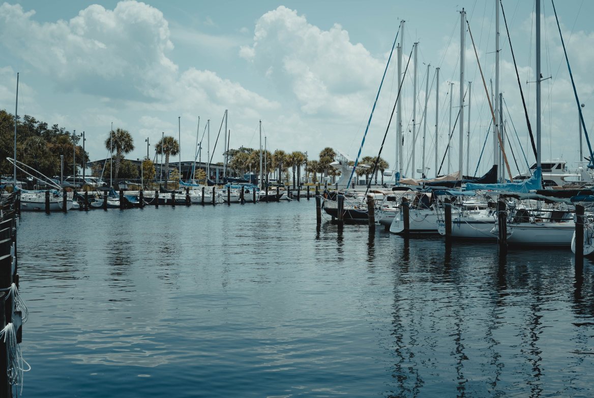Sailboats docked in a marina under a summer sky