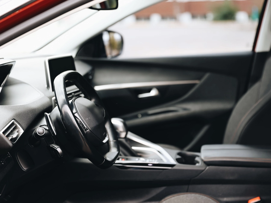 Car interior, dash and steering wheel