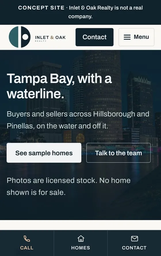Inlet & Oak Realty concept site on a phone: a real estate home page with a See sample homes button