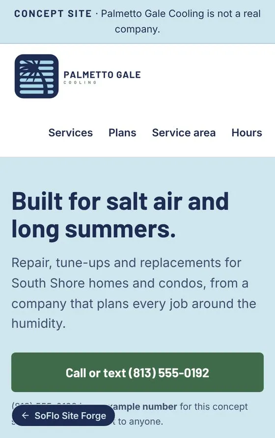 Palmetto Gale Cooling concept site on a phone: an AC company home page with a Call or text button