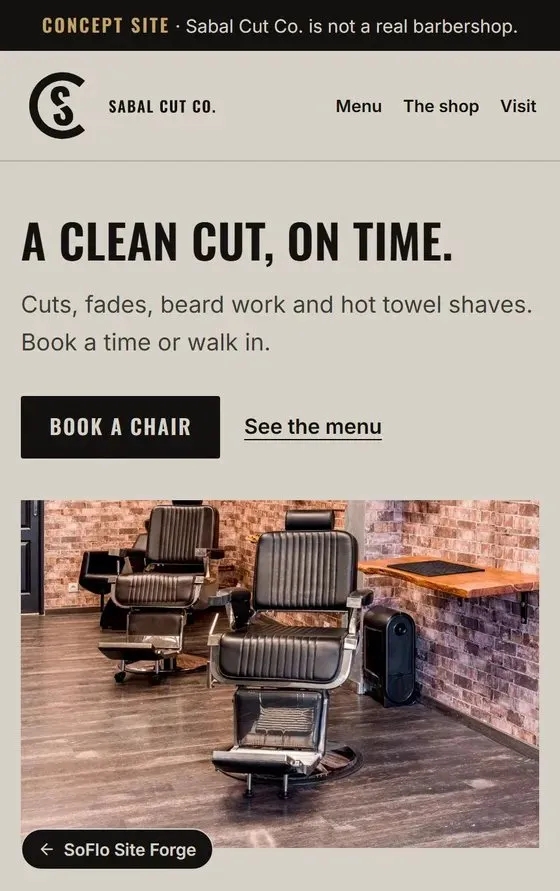 Sabal Cut Co. concept site on a phone: a barbershop home page with a Book a chair button