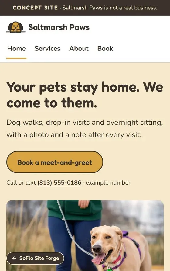 Saltmarsh Paws concept site on a phone: a pet sitting home page with a Book a meet-and-greet button