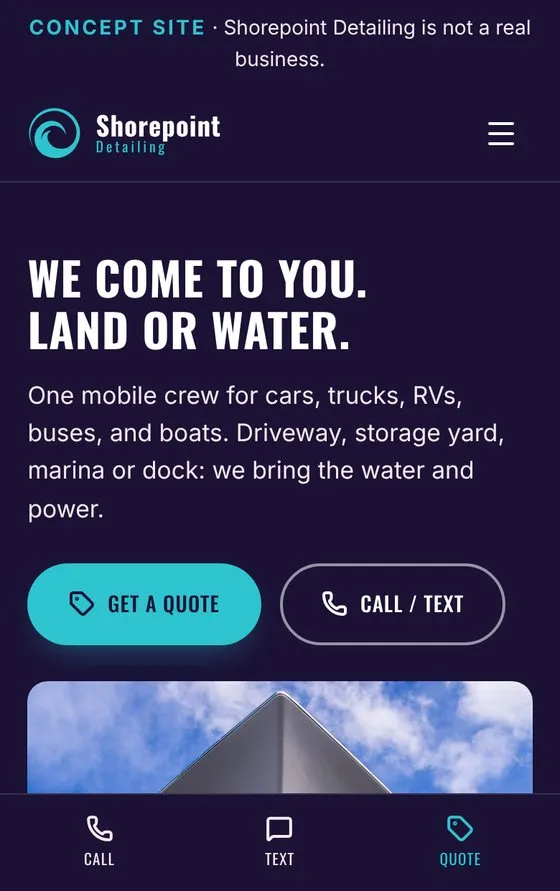 Shorepoint Detailing concept site on a phone: a mobile detailing home page with a Get a quote button