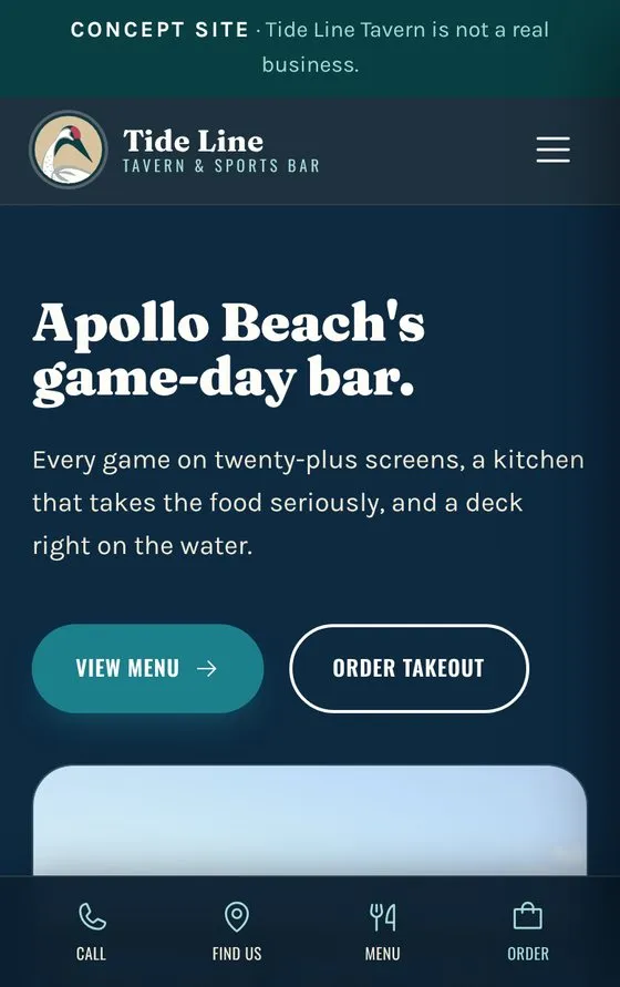 Tide Line Tavern concept site on a phone: a sports bar home page with a View menu button